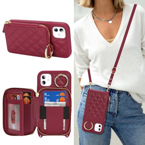 Hamany Schutzhülle für iPhone 11, mit Kartenfach, für iPhone 11, mit Riemen, Kreditkartenfächern, Crossbody mit Ständer, Reißverschluss, Dunkelrot Hamany Schutzhülle für iPhone 11, mit Kartenfach, für iPhone 11, mit Riemen, Kreditkartenfächern, Crossbody mit Ständer, Reißverschluss, Dunkelrot von Hamany