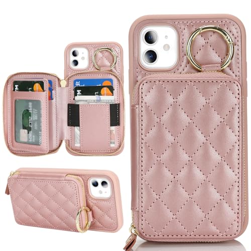 Hamany Schutzhülle für iPhone 11, mit Kartenhalter, Schutzhülle mit Reißverschluss, mit Schlitz, Ständer, für Damen und Herren, Roségold von Hamany