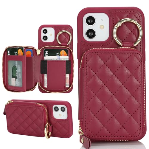 Hamany Schutzhülle für iPhone 12, mit Kartenhalter, Schutzhülle mit Reißverschluss, mit Schlitz, Ständer, für Damen und Herren, Dunkelrot von Hamany