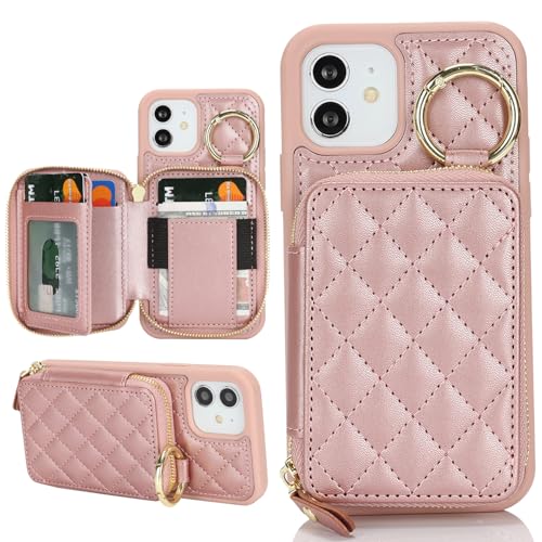 Hamany Schutzhülle für iPhone 12, mit Kartenhalter, Schutzhülle mit Reißverschluss, mit Schlitz, Ständer, für Damen und Herren, Roségold von Hamany