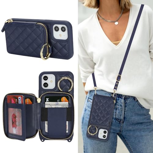 Hamany Schutzhülle für iPhone 12 mit Kartenfach für Damen, mit Riemen, Kreditkartenfächern, Crossbody-Tasche mit Ständer, Reißverschluss, Blau Hamany Schutzhülle für iPhone 12 mit Kartenfach für Damen, mit Riemen, Kreditkartenfächern, Crossbody-Tasche mit Ständer, Reißverschluss, Blau von Hamany
