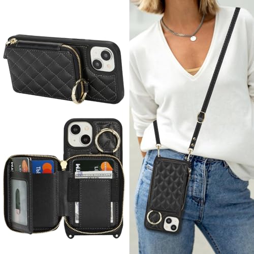 Hamany Schutzhülle für iPhone 13 mit Kartenfach für Damen, mit Riemen, Kreditkartenfächern, Crossbody-Tasche mit Ständer, Reißverschluss, Schwarz von Hamany