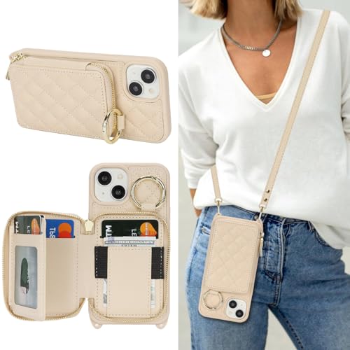 Hamany Schutzhülle für iPhone 13 mit Kartenfach für Damen, mit Riemen, Kreditkartenfächern, Crossbody-Tasche mit Ständer, Reißverschluss, Weiß von Hamany