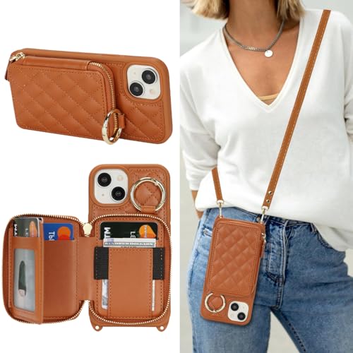 Hamany Schutzhülle für iPhone 14, mit Kartenfach, für iPhone 14, mit Riemen, Kreditkartenfächern, Crossbody mit Ständer, Reißverschluss, Braun von Hamany