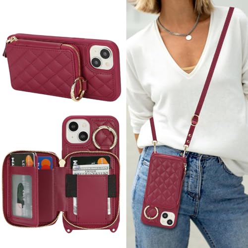 Hamany Schutzhülle für iPhone 14, mit Kartenfach, für iPhone 14, mit Riemen, Kreditkartenfächern, Crossbody mit Ständer, Reißverschluss, Dunkelrot von Hamany