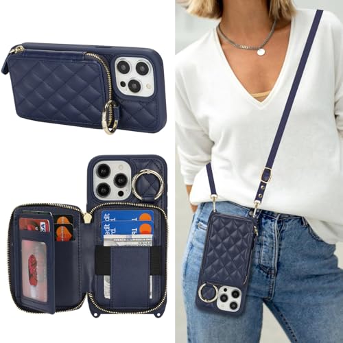 Hamany Schutzhülle für iPhone 14 Pro Max mit Kartenfach für Damen, für iPhone 14 Pro Max, Handyhülle mit Riemen, Kreditkartenfächern, Umhängetasche mit Ständer, Reißverschluss, Blau von Hamany
