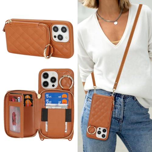 Hamany Schutzhülle für iPhone 14 Pro Max mit Kartenfach für Damen, für iPhone 14 Pro Max, Handyhülle mit Riemen, Kreditkartenfächern, Umhängetasche mit Ständer, Reißverschluss, Braun von Hamany