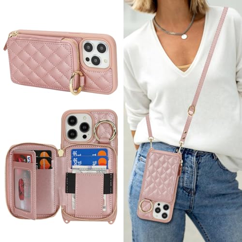 Hamany Schutzhülle für iPhone 14 Pro Max mit Kartenfach für Damen, für iPhone 14 Pro Max, Handyhülle mit Riemen, Kreditkartenfächern, Umhängetasche mit Ständer, Reißverschluss, Roségold von Hamany