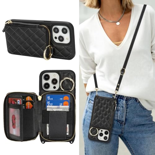 Hamany Schutzhülle für iPhone 14 Pro Max mit Kartenfach für Damen, für iPhone 14 Pro Max, Handyhülle mit Riemen, Kreditkartenfächern, Umhängetasche mit Ständer, Reißverschluss, Schwarz von Hamany