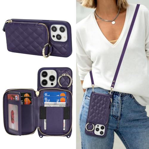 Hamany Schutzhülle für iPhone 14 Pro Max mit Kartenfach für Damen, für iPhone 14 Pro Max, Handyhülle mit Riemen, Kreditkartenfächern, Umhängetasche mit Ständer, Reißverschluss, Violett von Hamany