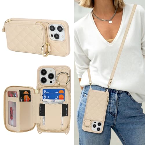 Hamany Schutzhülle für iPhone 14 Pro Max mit Kartenfach für Damen, für iPhone 14 Pro Max, Handyhülle mit Riemen, Kreditkartenfächern, Umhängetasche mit Ständer, Reißverschluss, Weiß von Hamany
