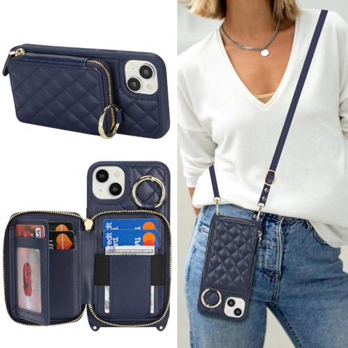 Hamany Schutzhülle für iPhone 15 Pro Max mit Kartenfach für Damen, für iPhone 15 Pro Max, Handyhülle mit Riemen, Kreditkartenfächern, Umhängetasche mit Ständer, Reißverschluss, Blau von Hamany