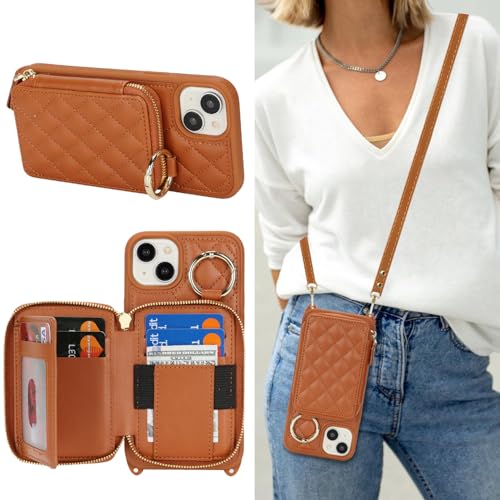 Hamany Schutzhülle für iPhone 15 Pro Max mit Kartenfach für Damen, für iPhone 15 Pro Max, Handyhülle mit Riemen, Kreditkartenfächern, Umhängetasche mit Ständer, Reißverschluss, Braun von Hamany