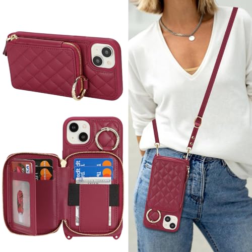 Hamany Schutzhülle für iPhone 15 Pro Max mit Kartenfach für Damen, für iPhone 15 Pro Max, Handyhülle mit Riemen, Kreditkartenfächern, Umhängetasche mit Ständer, Reißverschluss, Dunkelrot von Hamany