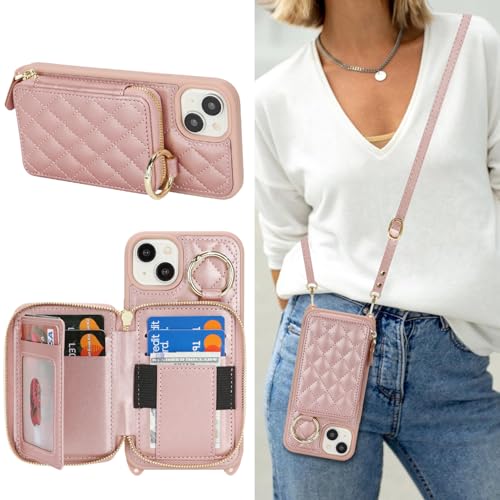 Hamany Schutzhülle für iPhone 15 Pro Max mit Kartenfach für Damen, für iPhone 15 Pro Max, Handyhülle mit Riemen, Kreditkartenfächern, Umhängetasche mit Ständer, Reißverschluss, Roségold von Hamany