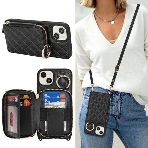 Hamany Schutzhülle für iPhone 15 Pro Max mit Kartenfach für Damen, für iPhone 15 Pro Max, Handyhülle mit Riemen, Kreditkartenfächern, Umhängetasche mit Ständer, Reißverschluss, Schwarz von Hamany