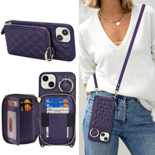 Hamany Schutzhülle für iPhone 15 Pro Max mit Kartenfach für Damen, für iPhone 15 Pro Max, Handyhülle mit Riemen, Kreditkartenfächern, Umhängetasche mit Ständer, Reißverschluss, Violett von Hamany