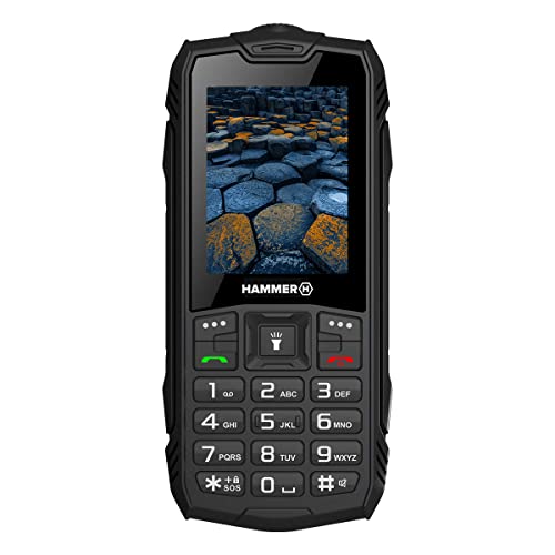 Hammer H Basalt Outdoor Handy ohne Vertrag, 2.4 Zoll Farbdisplay, Robust, Mega Batterie 1800 mAh, Wasserdicht (IP68), Stoßfest, Baustellen Tasten, Taschenlampe, Dual SIM, Tastenhandy - Schwartz von Hammer H