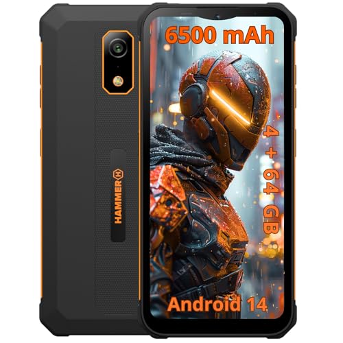 Hammer Iron Steel Lite ohne Vertrag robust, wasserdicht, Dual-SIM, leistungsstarker 6500-mAh-Akku, 64GB + 4GB RAM, Android 14, 13-Mpx-Kamera mit Nachtsicht-Sensor IP69 droptest, 300 Stunden Standby von Hammer H