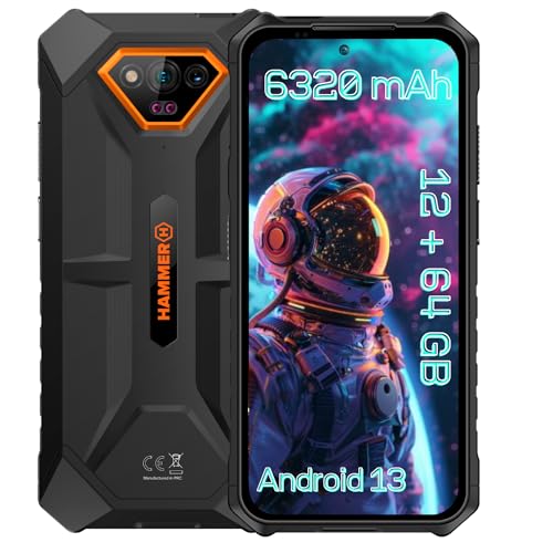 Hammer Iron V E ohne Vertrag robust, wasserdicht, Dual-SIM, leistungsstarker 6320-mAh-Akku, 50-Mpx-Kamera mit Nachtsicht-Sensor Orange IP69 militärisches Zertifikat, 294 Stunden im Standby, NFC von Hammer H
