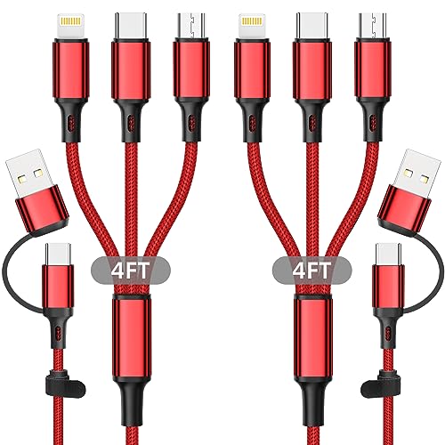 HanCenDa USB-C-Multi-Ladekabel 1,2 m, 6-in-1 Multi-USB-Universal-Ladekabel, Nylongeflecht, USB C/A auf Typ C/iPhone/Micro USB, schnelle Datensynchronisation, Ladegerät Adapter für iPhone/Samsung - Rot von HanCenDa