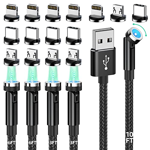 Magnetisches Ladekabel, 540° drehbares magnetisches Handy-Ladegerät [5er Pack, 3ft/3ft/6ft/6ft/10ft] 3-in-1 magnetisches Ladekabel Nylon geflochtenes USB-Kabel für iPhone/Micro-USB/Typ-C-Geräte von HanCenDa