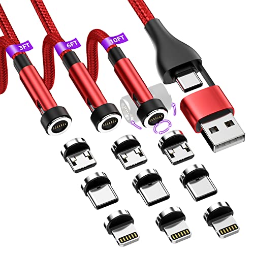 Magnetisches Ladekabel mit 540° Drehung, 3er-Pack [3ft/6ft/10ft], USB A & USB C 5-in-1 magnetisches Handy-Ladekabel, unterstützt Datenübertragung für iPhone/Micro USB/Typ C – Rot von HanCenDa