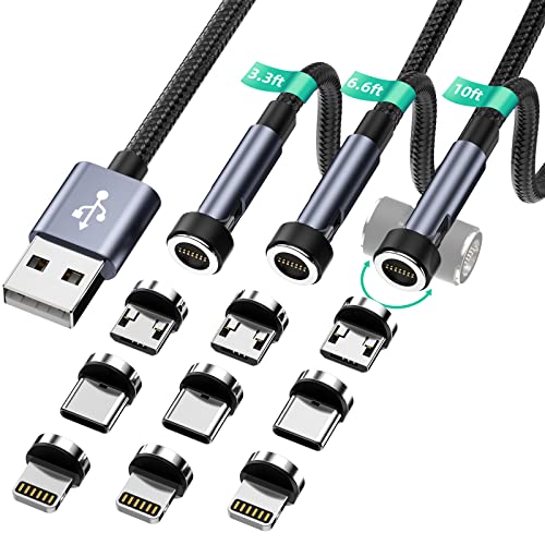 Magnetisches Ladekabel mit-Drehung, 3er-Pack [3ft/6ft/10ft], 3-in-1-Magnetladekabel, 3A-Schnellladekabel, unterstützt die Datenübertragung, Nylon-geflochtenes Kabel für i/Micro-USB/Typ C – Schwarz von HanCenDa