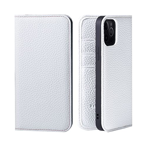 [HANATORA] iPhone 13Pro Flip Case mit Kartenhalter, echtes Leder, Handyhülle, stilvolle Qualität, keine Magnete für Damen und Herren, PH-13Pro-Weiß von Hanatora