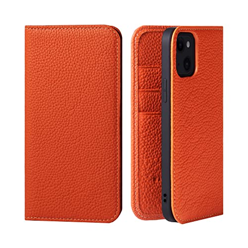 hanatora ] iPhone 13 Flip Case mit Kartenhalter Echtes Leder Handyhülle Stilvolle Qualität Hülle Keine Magnete für Damen Herren PH-13-Orange von Hanatora