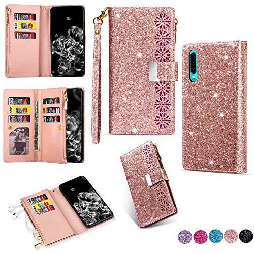 Hancda Brieftasche Hülle für Huawei P30, Handyhülle Handytasche Glitzer Leder Tasche Flip Case Geldbörse Cover mit Reißverschluss Kartenfach Magnet Klapphülle für Huawei P30,Rose Gold von Hancda