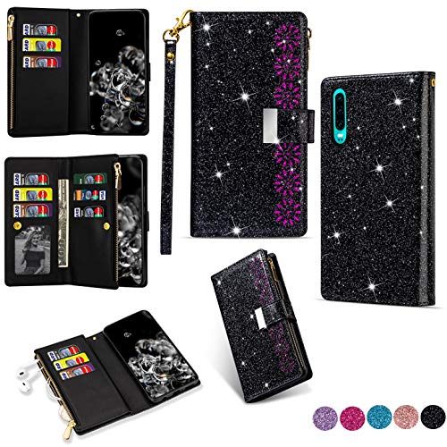 Hancda Brieftasche Hülle für Huawei P30, Handyhülle Handytasche Glitzer Leder Tasche Flip Case Geldbörse Cover mit Reißverschluss Kartenfach Magnet Klapphülle für Huawei P30,Schwarz von Hancda