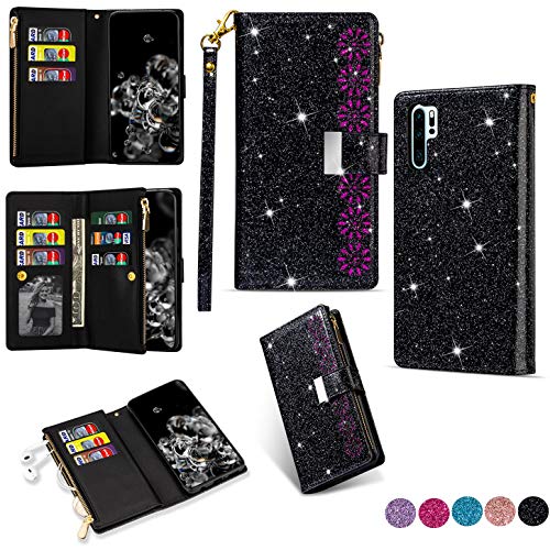 Hancda Brieftasche Hülle für Huawei P30 Pro [Nicht für P30], Handyhülle Handytasche Glitzer Leder Tasche Flip Case Geldbörse mit Reißverschluss Kartenfach Klapphülle für Huawei P30 Pro,Schwarz von Hancda