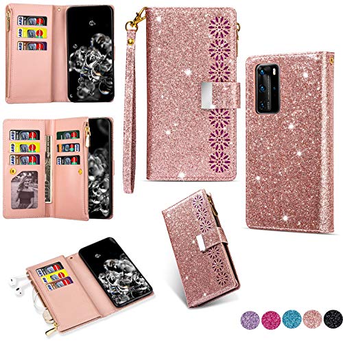 Hancda Brieftasche Hülle für Huawei P40 Pro [Nicht für P40], Handyhülle Handytasche Glitzer Leder Tasche Flip Case Geldbörse mit Reißverschluss Kartenfach Klapphülle für Huawei P40 Pro,Rose Gold von Hancda