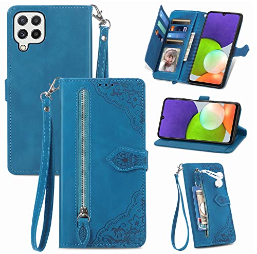 Hancda Brieftasche Hülle für Samsung Galaxy A22 4G, Handyhülle Klapphülle mit Geldbörse Geldfach Kartenfach Blumen Muster Leder Tasche Klappbar Flip Case Schutzhülle für Samsung Galaxy A22 4G,Blau von Hancda