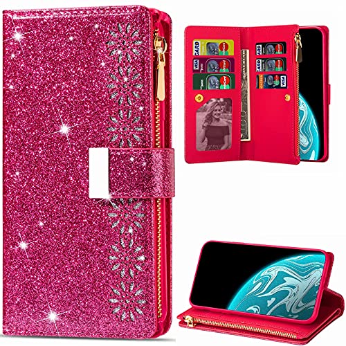 Hancda Brieftasche Hülle für Samsung Galaxy A22 5G, Handyhülle Handytasche Glitzer Leder Tasche Flip Case Geldbörse mit Reißverschluss Kartenfach Magnet Klapphülle für Samsung Galaxy A22 5G,Rose Rot von Hancda