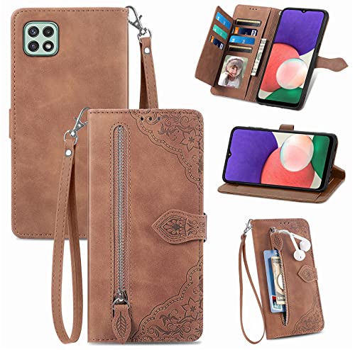 Hancda Brieftasche Hülle für Samsung Galaxy A22 5G, Handyhülle Klapphülle mit Geldbörse Geldfach Kartenfach Blume Muster Leder Tasche Klappbar Flip Case Schutzhülle für Samsung Galaxy A22 5G,Braun von Hancda