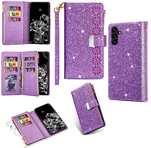 Hancda Brieftasche Hülle für Samsung Galaxy A34 5G, Handyhülle Handytasche Glitzer Leder Flip Case Geldbörse mit Reißverschluss Kartenfach Klappbar Klapphülle für Samsung Galaxy A34 5G,Lila von Hancda