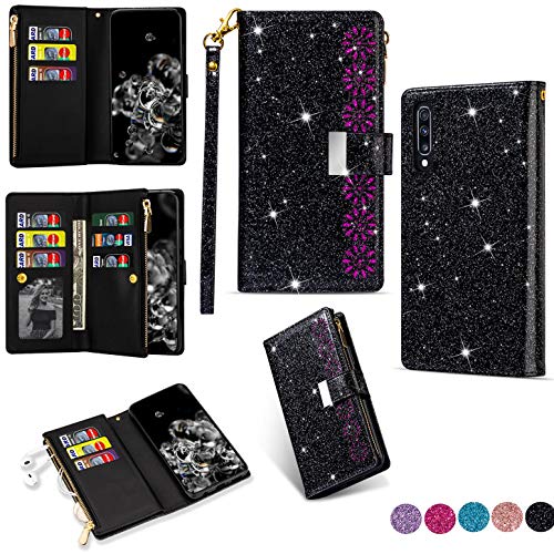 Hancda Brieftasche Hülle für Samsung Galaxy A50 / A50S / A30S [Nicht für A30] Handyhülle Handytasche Glitzer Leder Tasche Flip Case Geldbörse mit Reißverschluss Kartenfach Magnet Klapphülle,Schwarz von Hancda