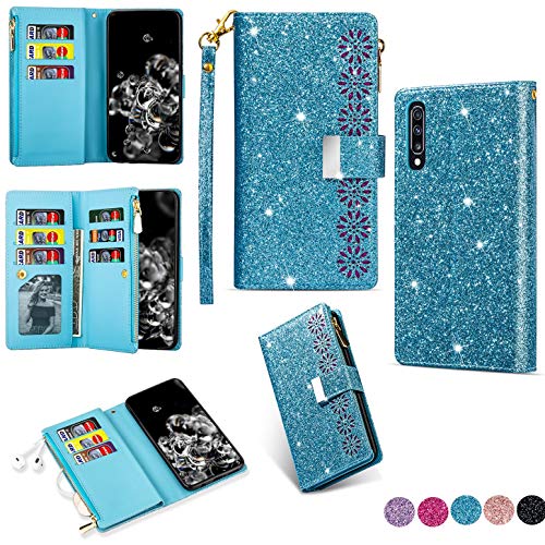 Hancda Brieftasche Hülle für Samsung Galaxy A50 / A50S / A30S [Nicht für A30] Handyhülle Handytasche Glitzer Leder Tasche Flip Case Geldbörse mit Reißverschluss Kartenfach Magnet Klapphülle,Blau von Hancda