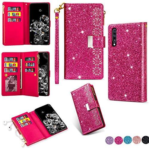 Hancda Brieftasche Hülle für Samsung Galaxy A50 / A50S / A30S [Nicht für A30] Handyhülle Handytasche Glitzer Leder Tasche Flip Case Geldbörse mit Reißverschluss Kartenfach Magnet Klapphülle,Rose Rot von Hancda