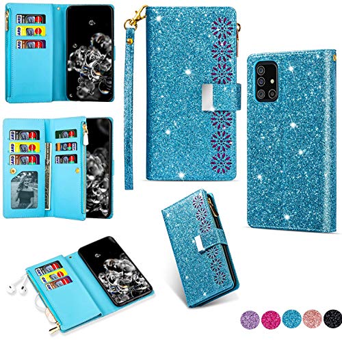 Hancda Brieftasche Hülle für Samsung Galaxy A51 5G, Handyhülle Handytasche Glitzer Leder Tasche Flip Case Geldbörse Cover mit Reißverschluss Kartenfach Magnet Klapphülle für Galaxy A51 5G,Blau von Hancda