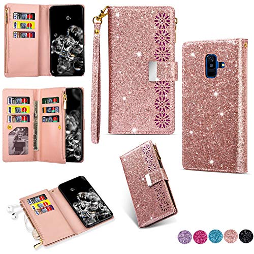 Hancda Brieftasche Hülle für Samsung Galaxy A6 2018 / A600, Handyhülle Handytasche Glitzer Leder Tasche Flip Case Geldbörse mit Reißverschluss Kartenfach Klapphülle für Galaxy A6 2018/A600,Rose Gold von Hancda