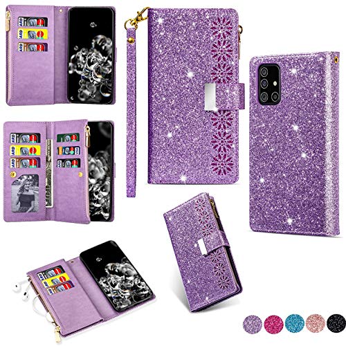 Hancda Brieftasche Hülle für Samsung Galaxy A71, Handyhülle Handytasche Glitzer Leder Tasche Flip Case Geldbörse Cover mit Reißverschluss Kartenfach Magnet Klapphülle für Samsung Galaxy A71,Lila von Hancda