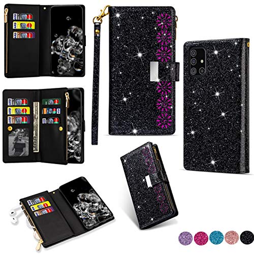 Hancda Brieftasche Hülle für Samsung Galaxy A71, Handyhülle Handytasche Glitzer Leder Tasche Flip Case Geldbörse Cover mit Reißverschluss Kartenfach Magnet Klapphülle für Samsung Galaxy A71,Schwarz von Hancda