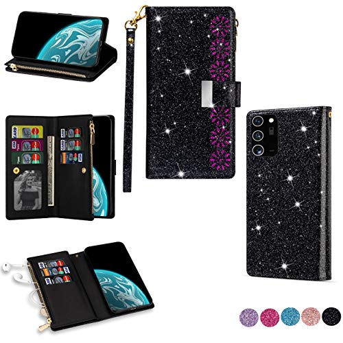 Hancda Brieftasche Hülle für Samsung Galaxy Note 20, Handyhülle Handytasche Glitzer Leder Tasche Flip Case Geldbörse Cover mit Reißverschluss Kartenfach Magnet Klapphülle für Galaxy Note 20,Schwarz von Hancda