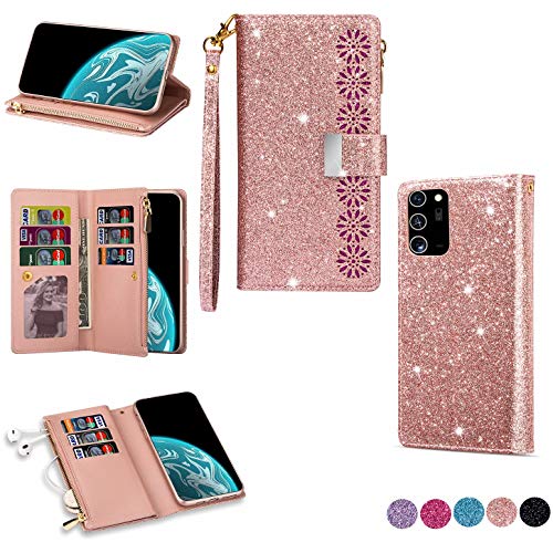 Hancda Brieftasche Hülle für Samsung Galaxy Note 20, Handyhülle Handytasche Glitzer Leder Tasche Flip Case Geldbörse mit Reißverschluss Kartenfach Magnet Klapphülle für Galaxy Note 20,Rose Gold von Hancda