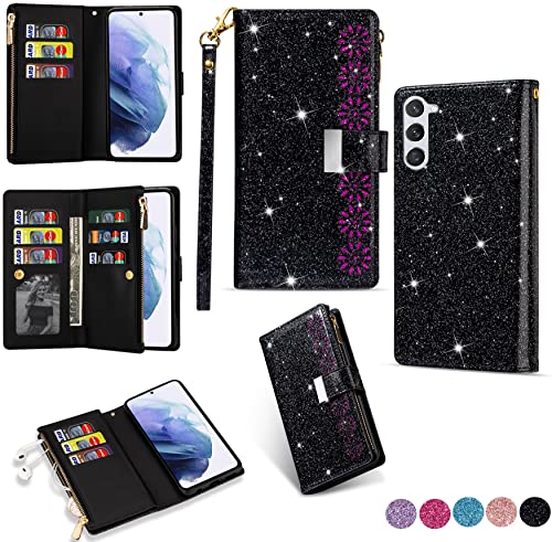 Hancda Brieftasche Hülle für Samsung Galaxy S23, Handyhülle Glitzer Leder Tasche Flip Case Geldbörse Cover mit Reißverschluss Kartenfach Klappbar Klapphülle für Samsung S23,Schwarz von Hancda