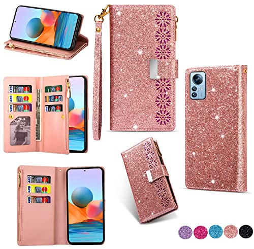 Hancda Brieftasche Hülle für Xiaomi 12T / Xiaomi 12T Pro, Handyhülle Handytasche Glitzer Leder Tasche Flip Case Geldbörse Cover mit Reißverschluss Kartenfach Klappbar Klapphülle,Rose Gold von Hancda