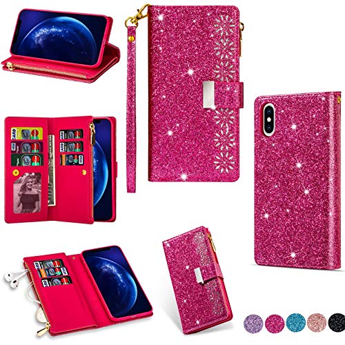 Hancda Brieftasche Hülle für iPhone XR, Handyhülle Handytasche Glitzer Leder Tasche Flip Case Geldbörse Cover mit Reißverschluss Kartenfach Magnet Klapphülle für iPhone XR,Rose Rot von Hancda